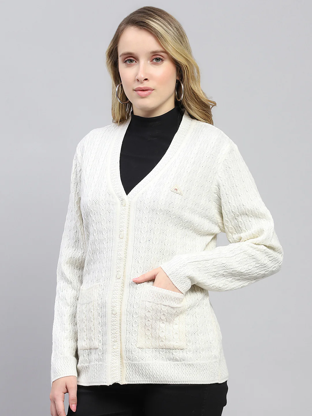 Women White Self Design V Neck Full Sleeve Cardigan - Image 3