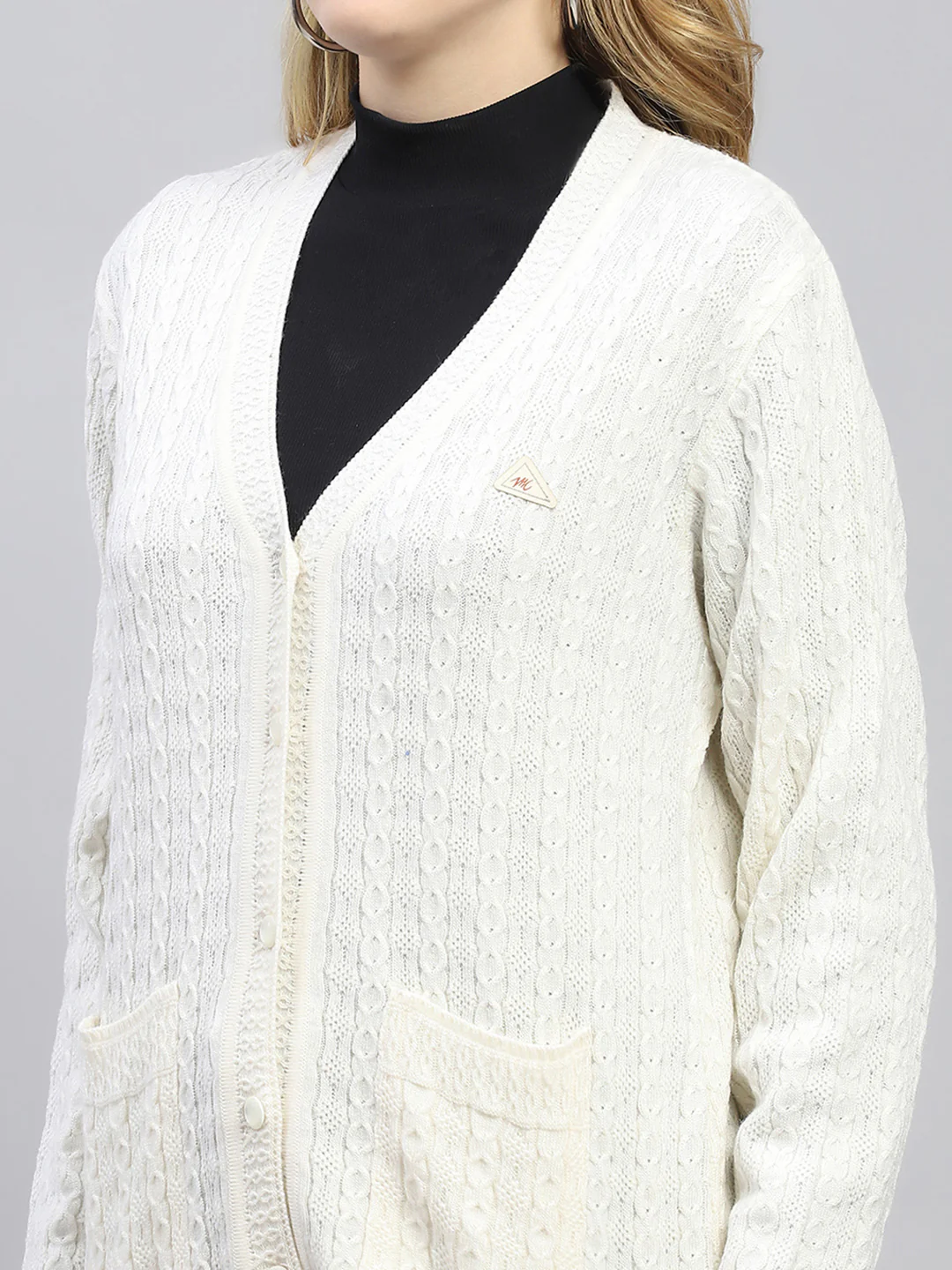 Women White Self Design V Neck Full Sleeve Cardigan - Image 6