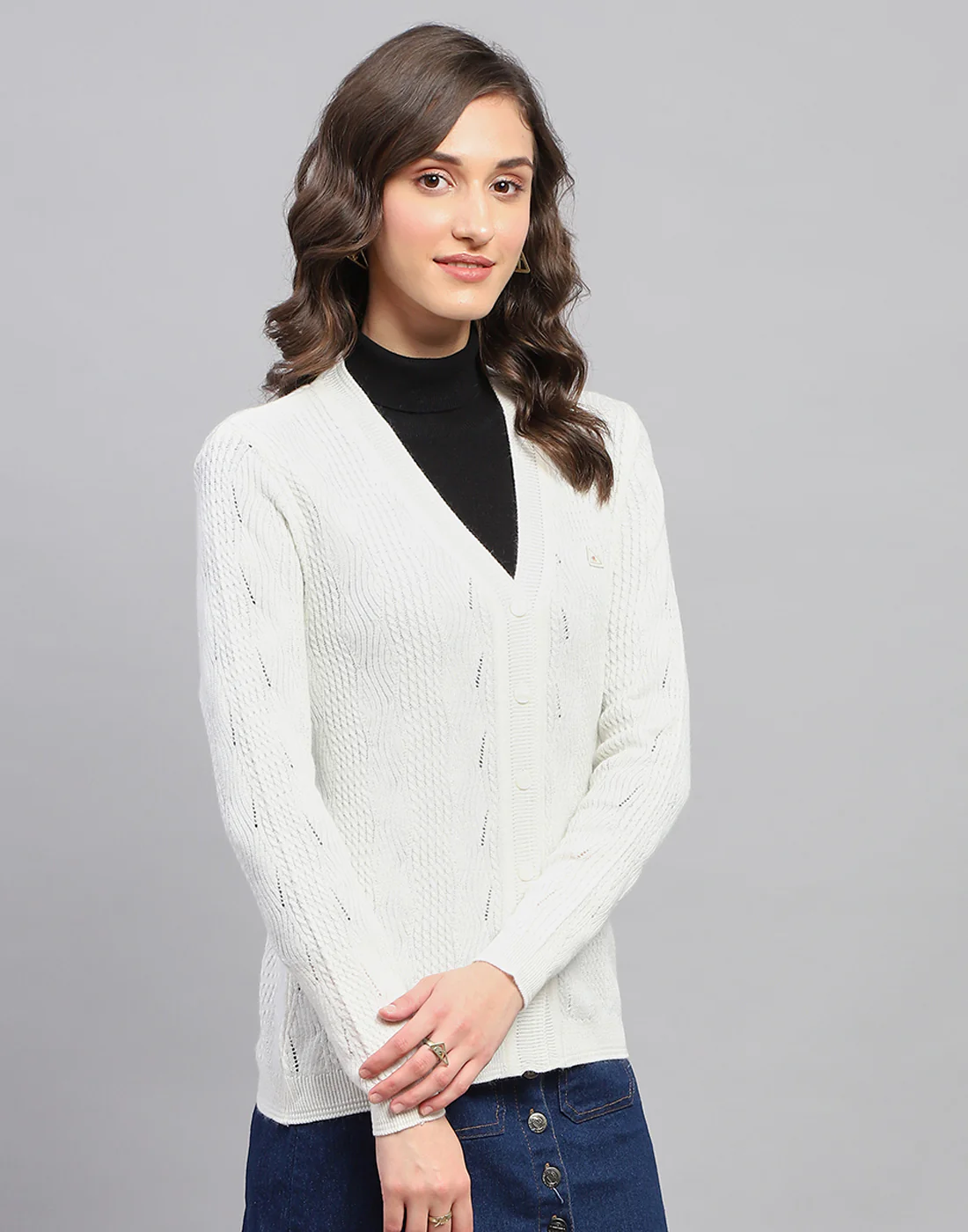 Women White Self Design V Neck Full Sleeve Cardigan - Image 4