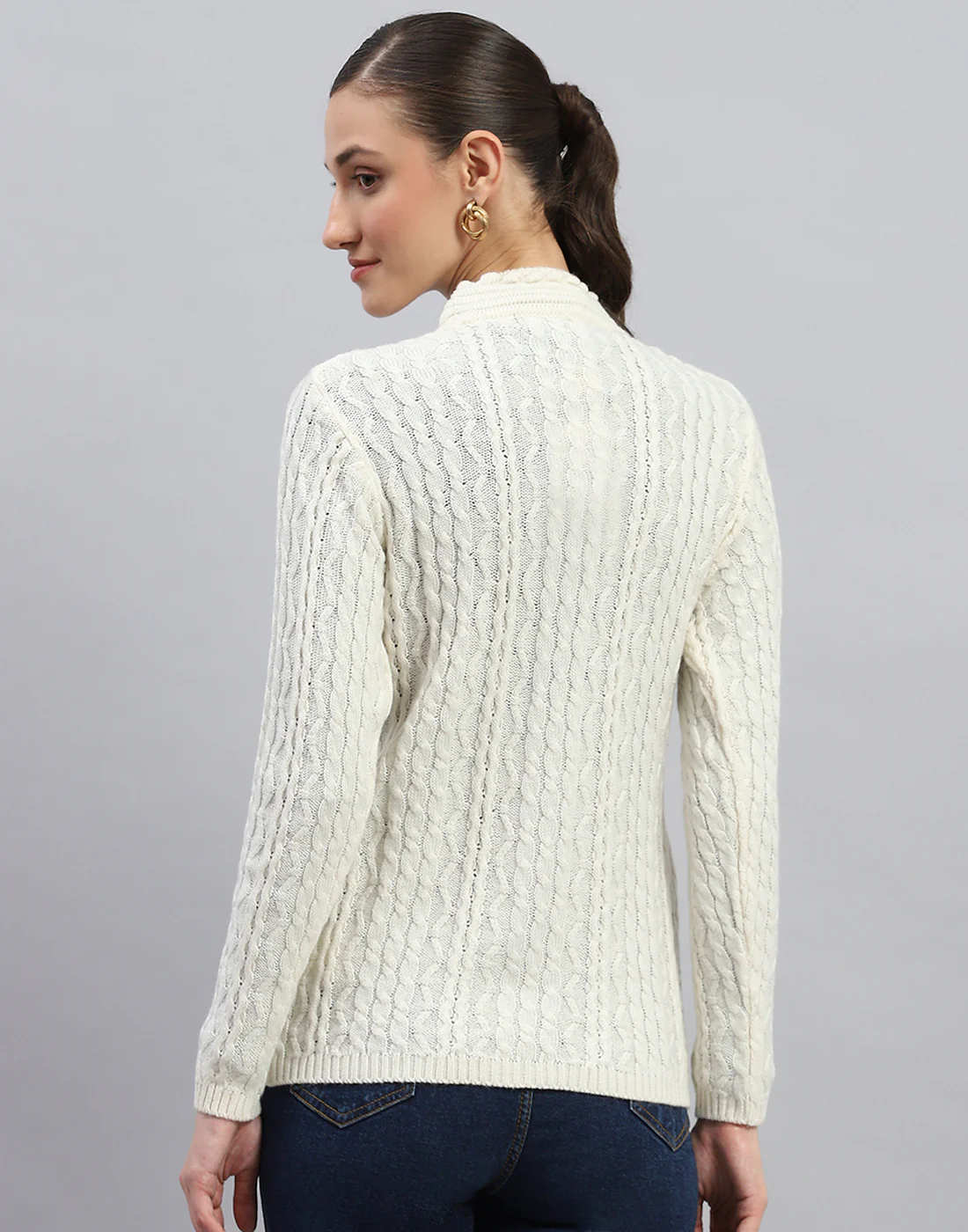 Women White Self Design V Neck Full Sleeve Cardigan - Image 5