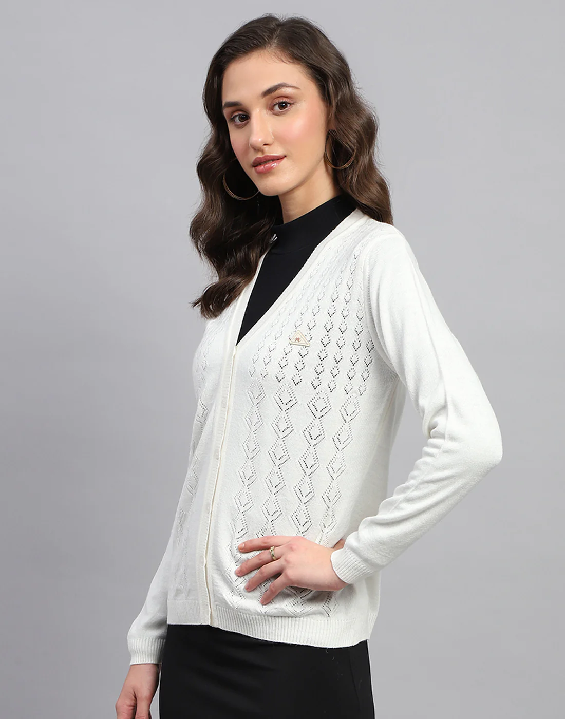 Women White Self Design V Neck Full Sleeve Cardigan - Image 3