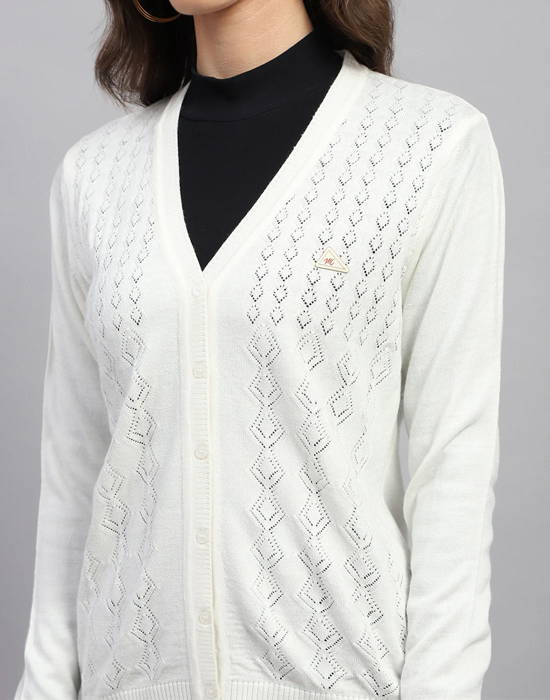 Women White Self Design V Neck Full Sleeve Cardigan - Image 6