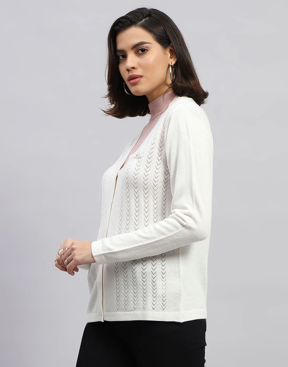 Women White Self Design V Neck Full Sleeve Cardigan - Image 3