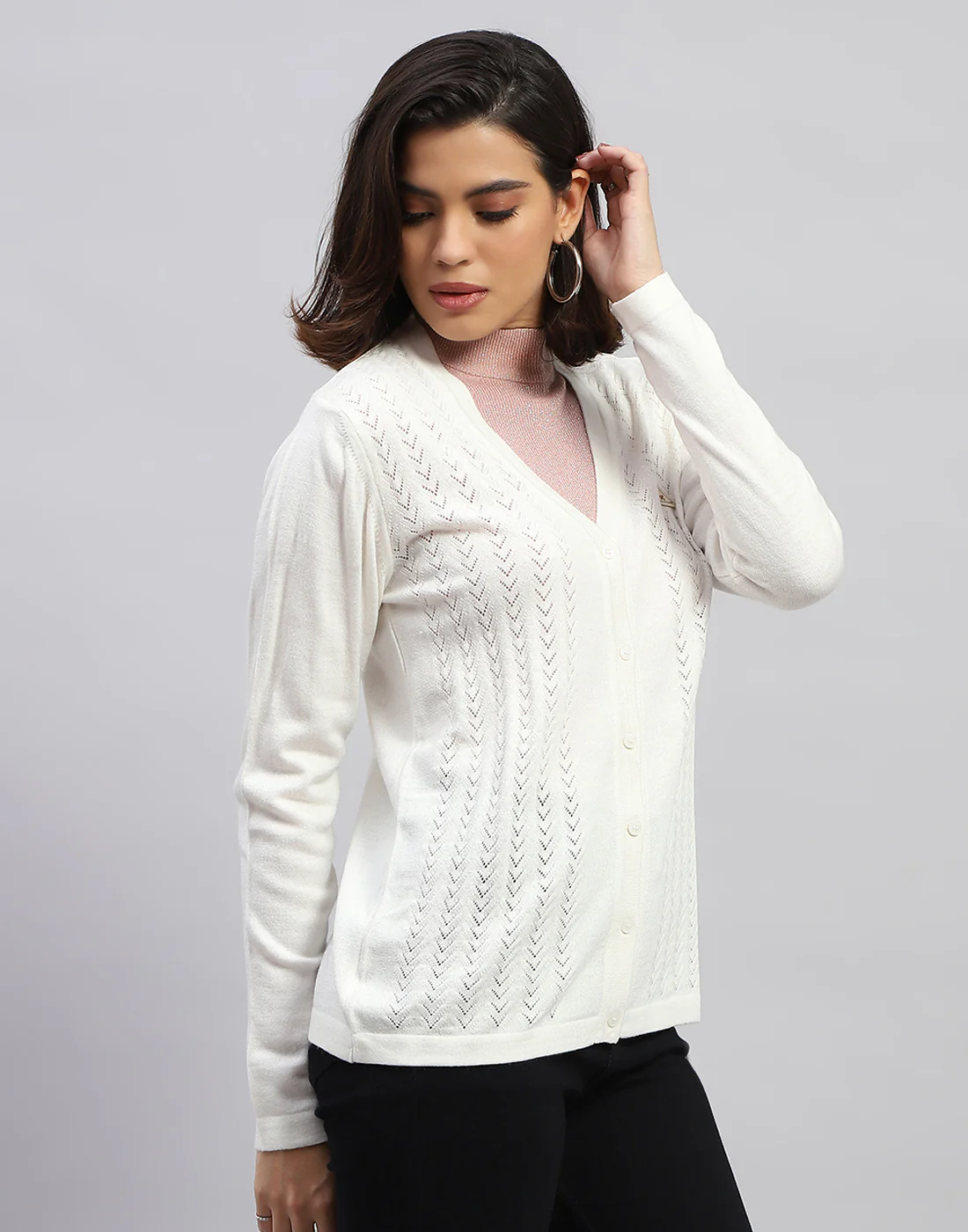 Women White Self Design V Neck Full Sleeve Cardigan - Image 4
