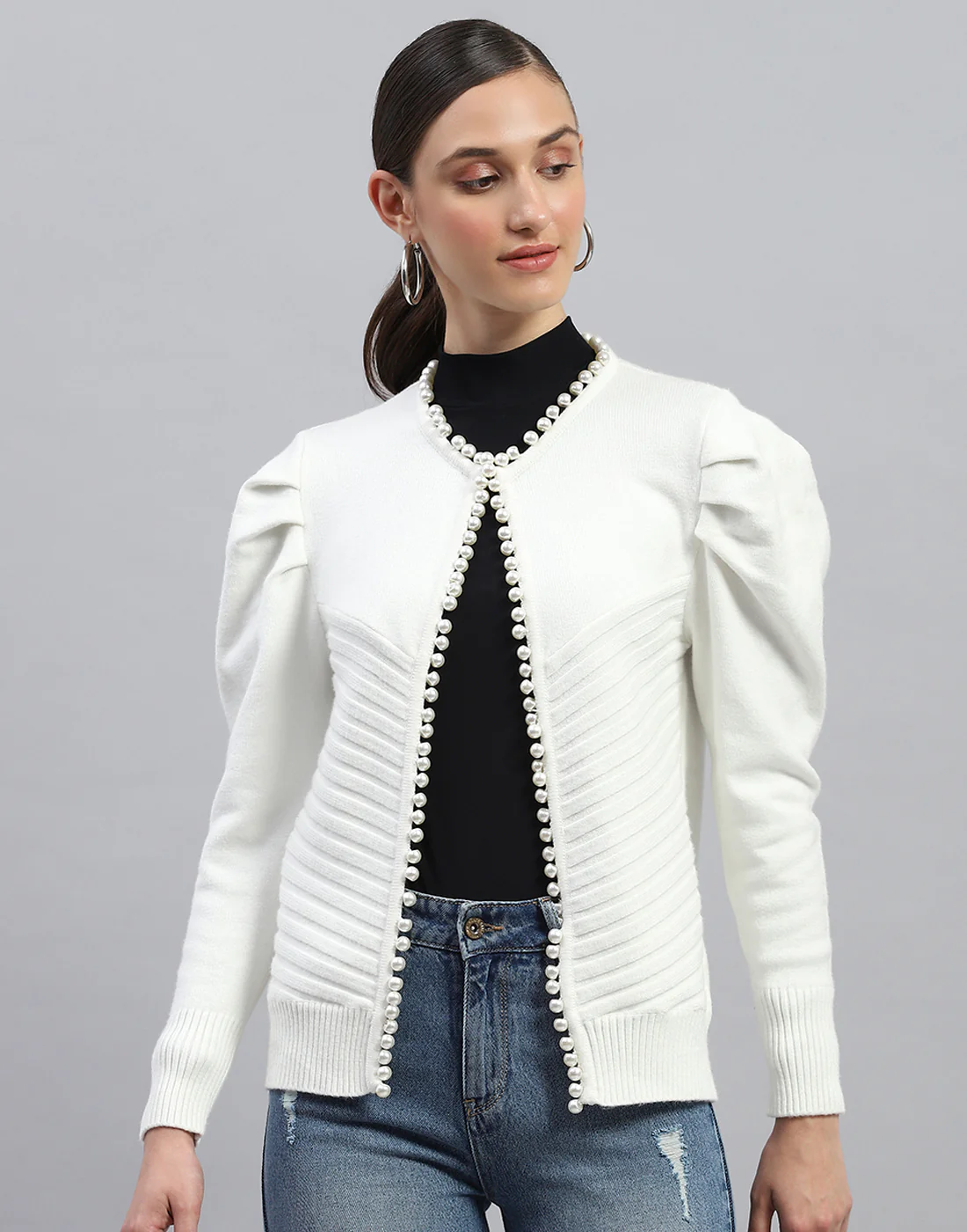 Women White Self Design V Neck Full Sleeve Cardigan - Image 2