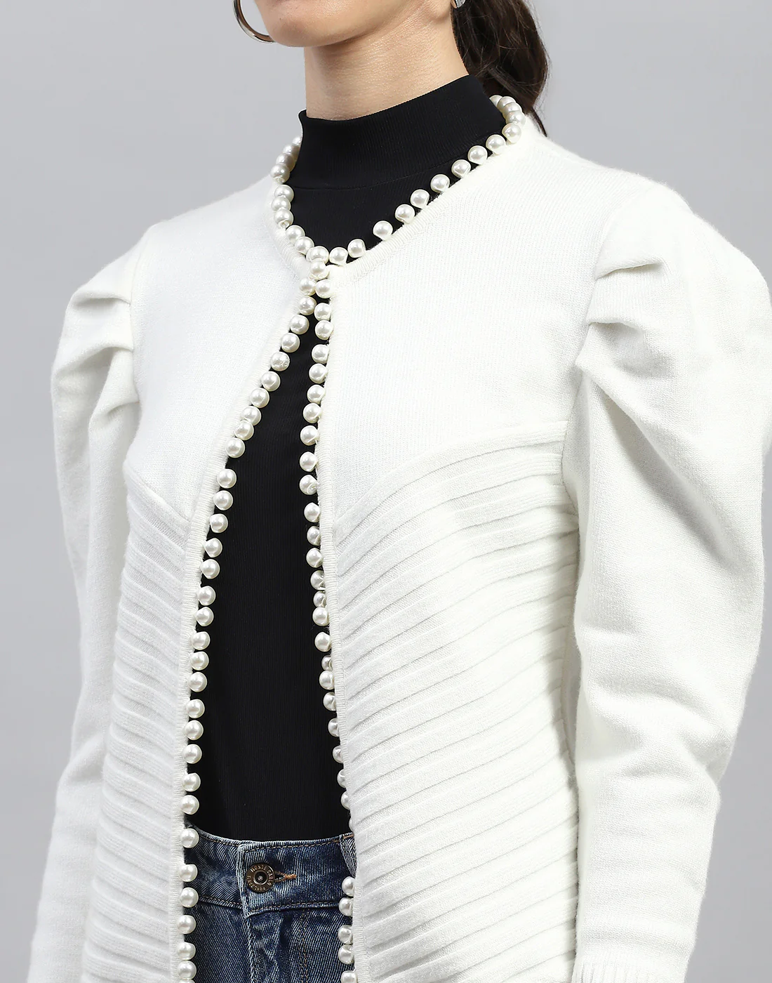 Women White Self Design V Neck Full Sleeve Cardigan - Image 7