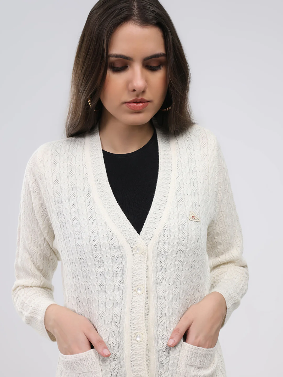 Women White Self Design V Neck Full Sleeve Cardigan - Image 6