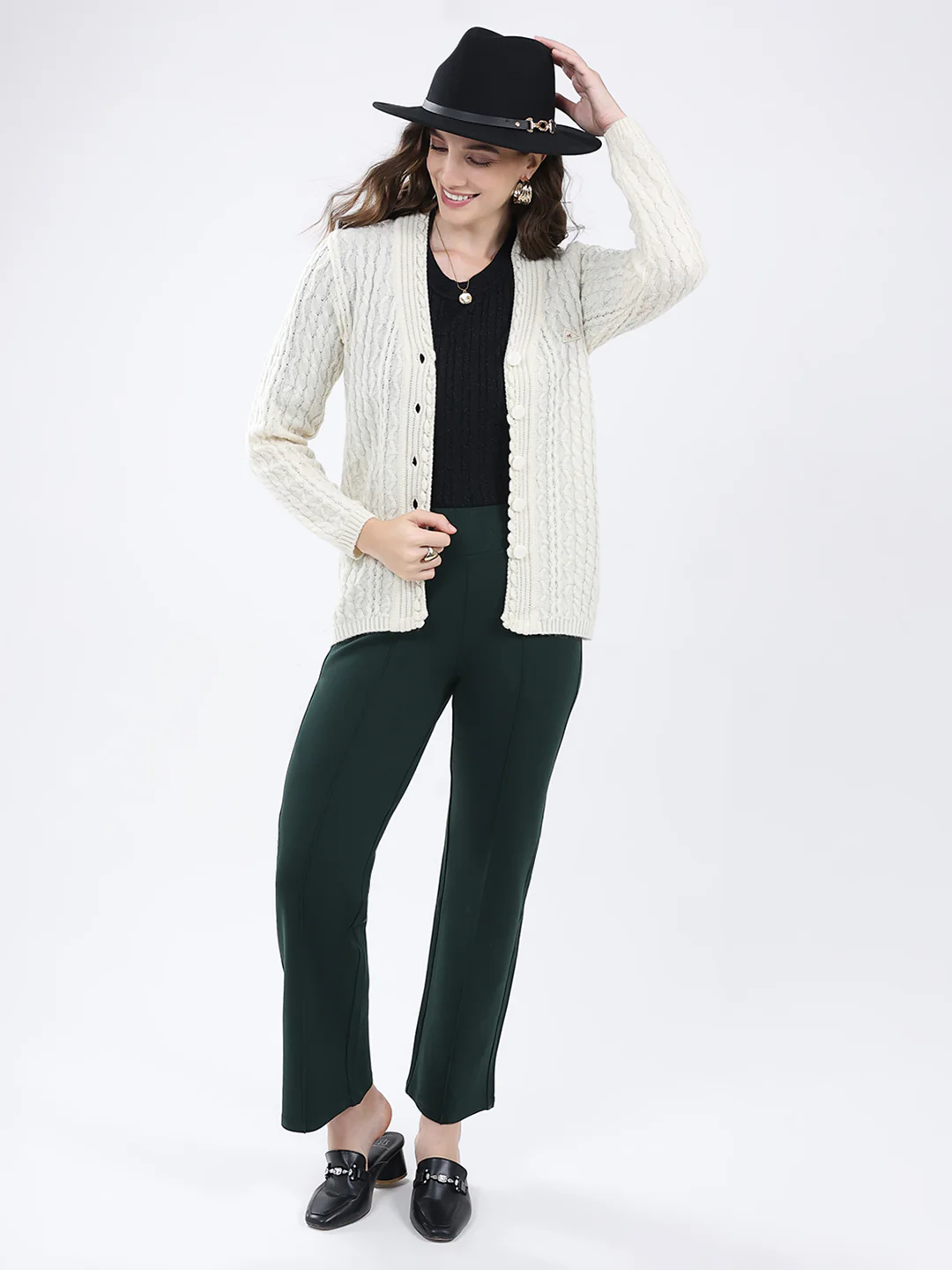 Women White Self Design V Neck Full Sleeve Cardigan - Image 2