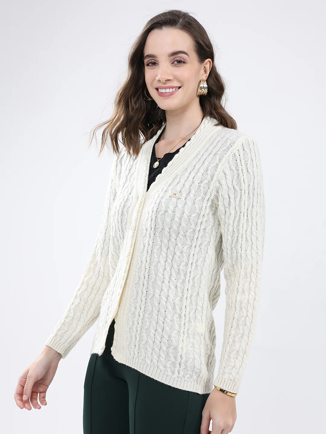 Women White Self Design V Neck Full Sleeve Cardigan - Image 3