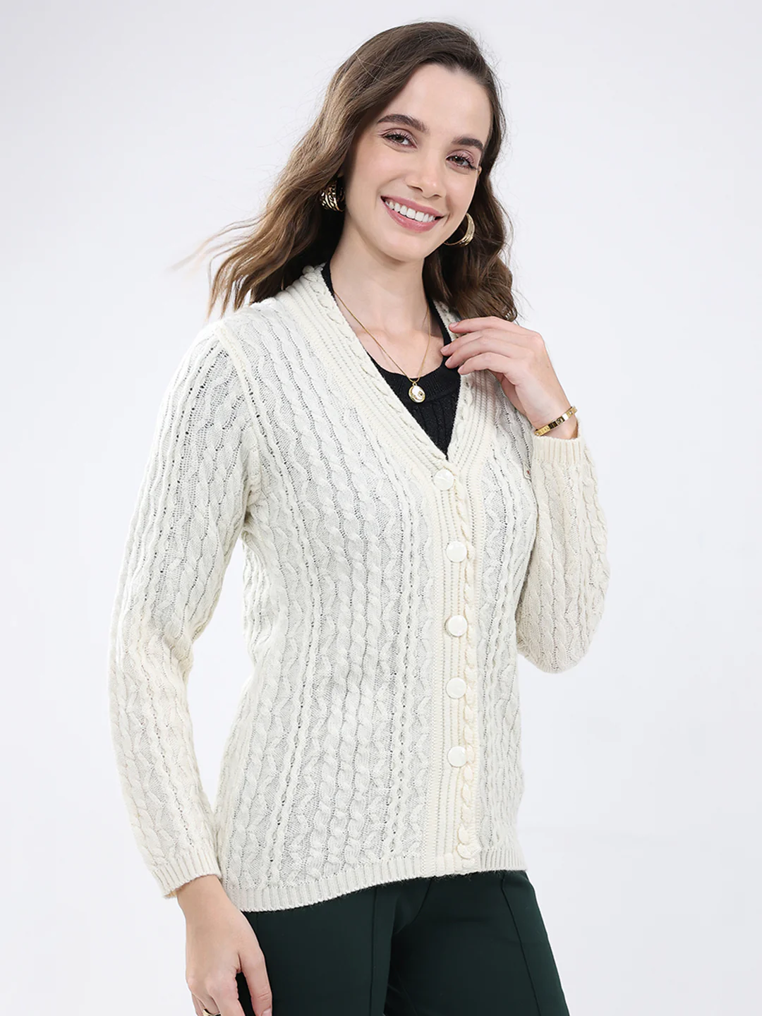 Women White Self Design V Neck Full Sleeve Cardigan - Image 4