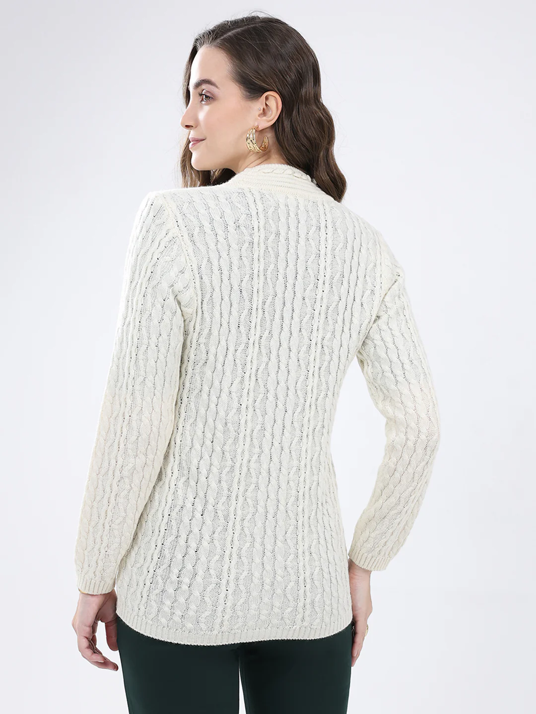 Women White Self Design V Neck Full Sleeve Cardigan - Image 5