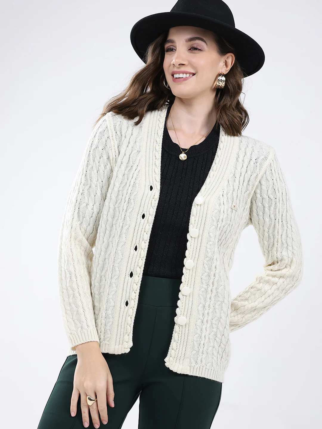 Women White Self Design V Neck Full Sleeve Cardigan - Image 6