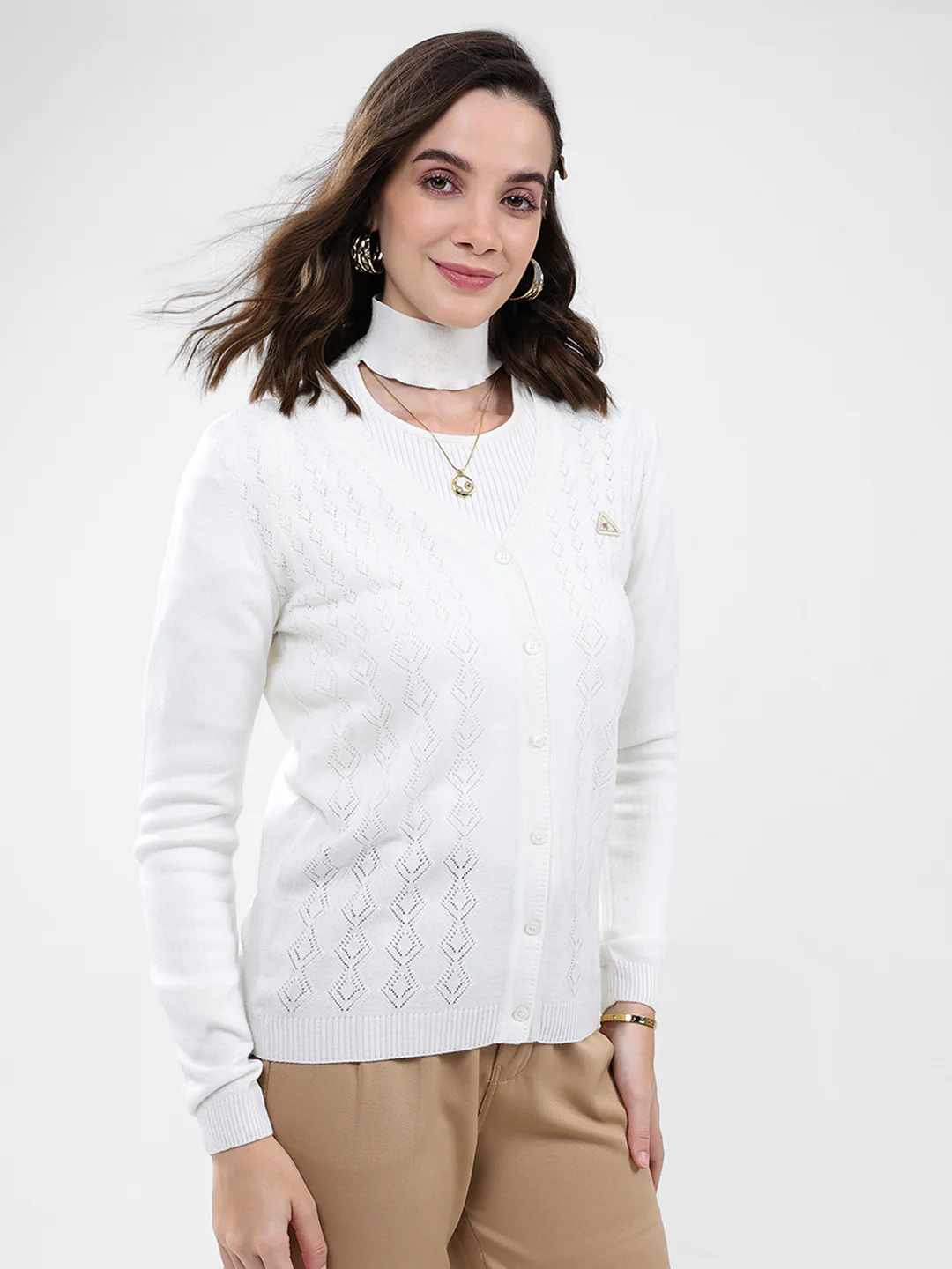Women White Self Design V Neck Full Sleeve Cardigan - Image 4
