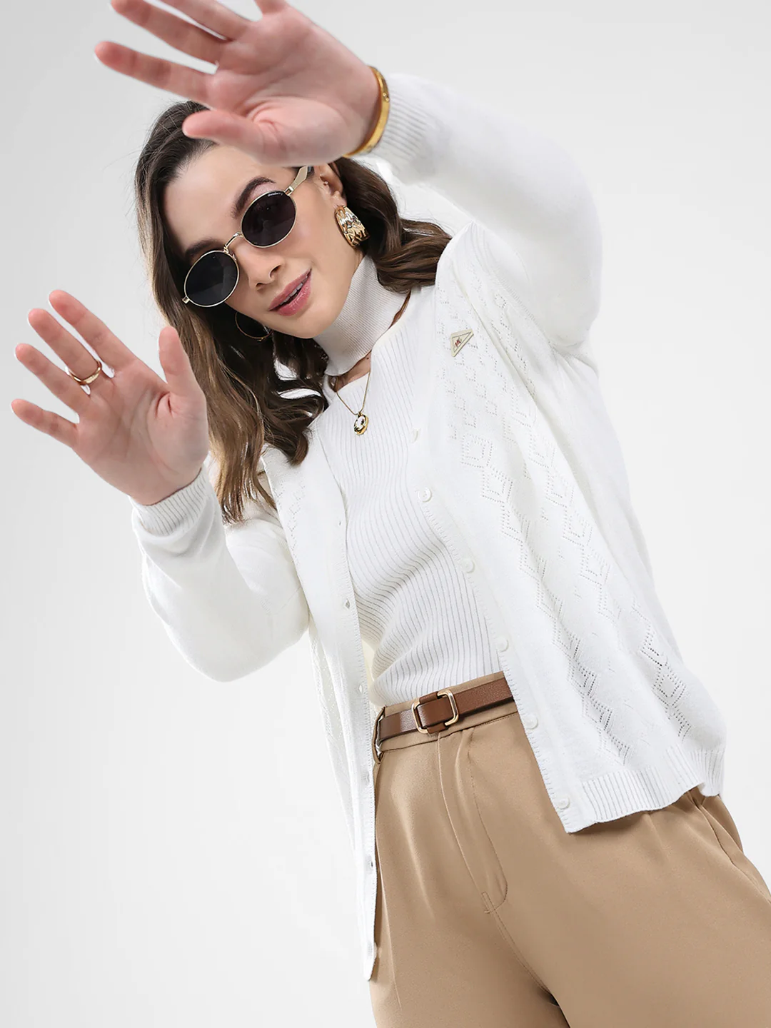 Women White Self Design V Neck Full Sleeve Cardigan - Image 6