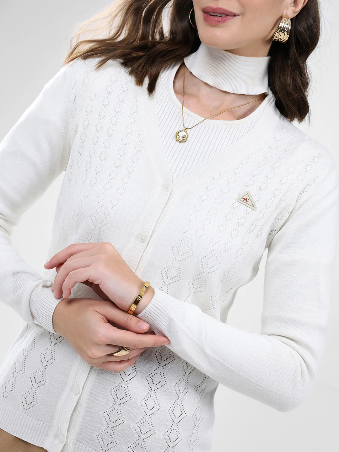 Women White Self Design V Neck Full Sleeve Cardigan - Image 7