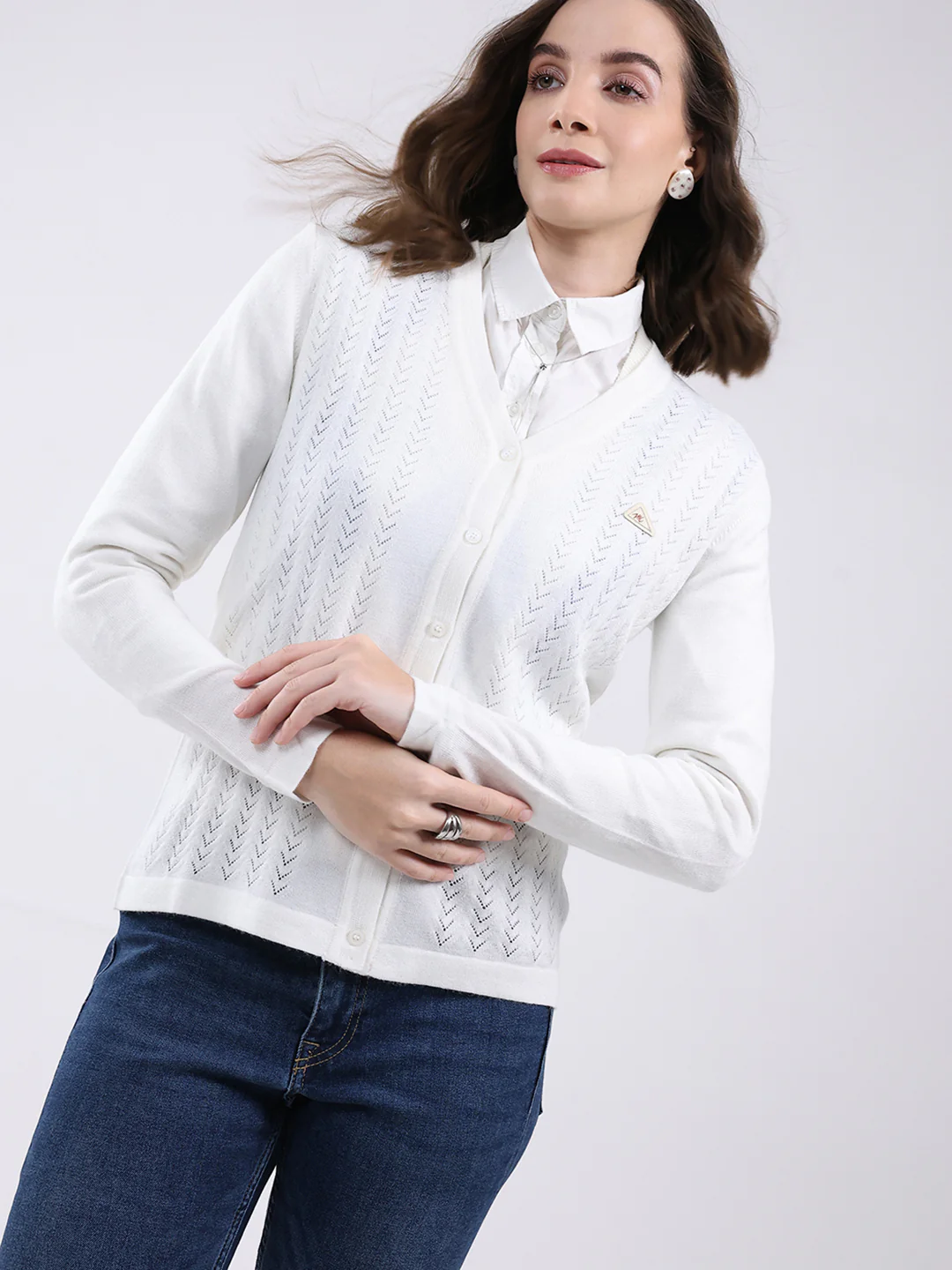 Women White Self Design V Neck Full Sleeve Cardigan - Image 7