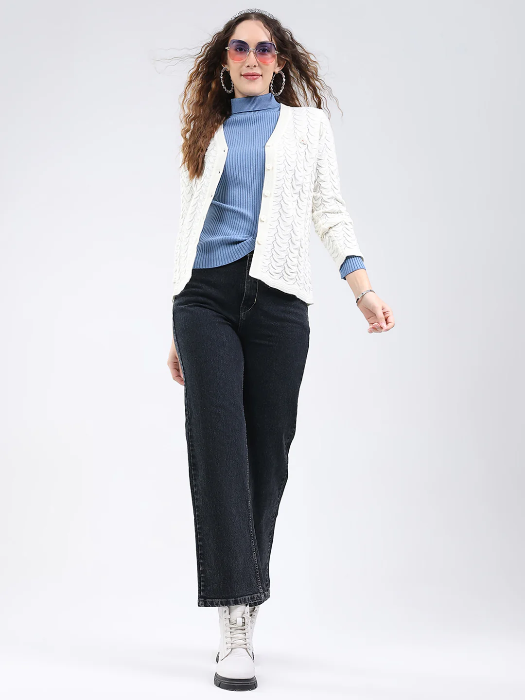 Women White Self Design V Neck Full Sleeve Cardigan - Image 2