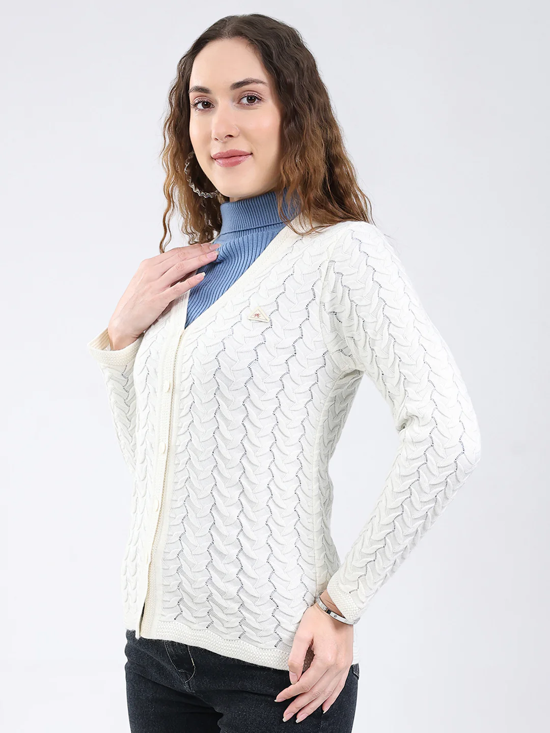 Women White Self Design V Neck Full Sleeve Cardigan - Image 3