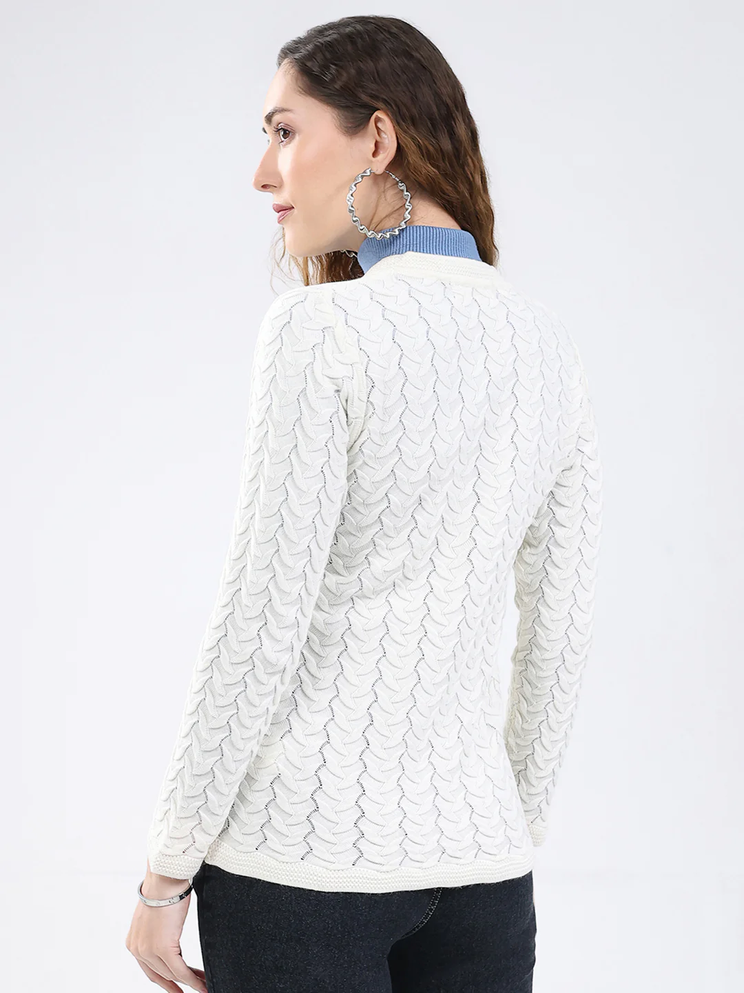 Women White Self Design V Neck Full Sleeve Cardigan - Image 5