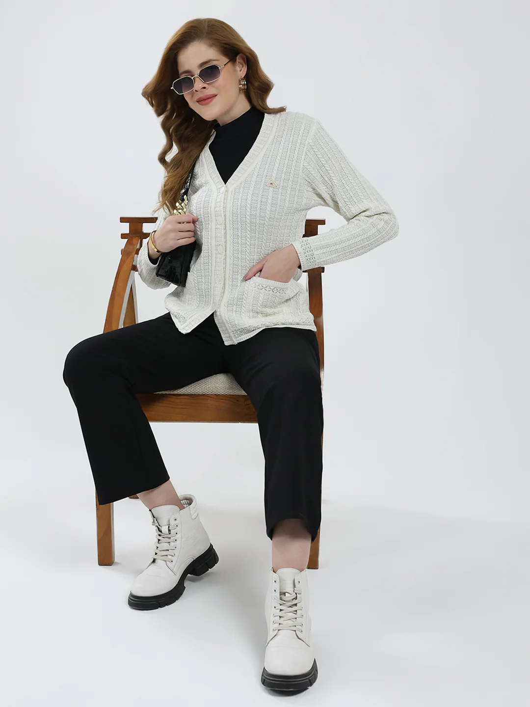 Women White Self Design V Neck Full Sleeve Cardigan - Image 2