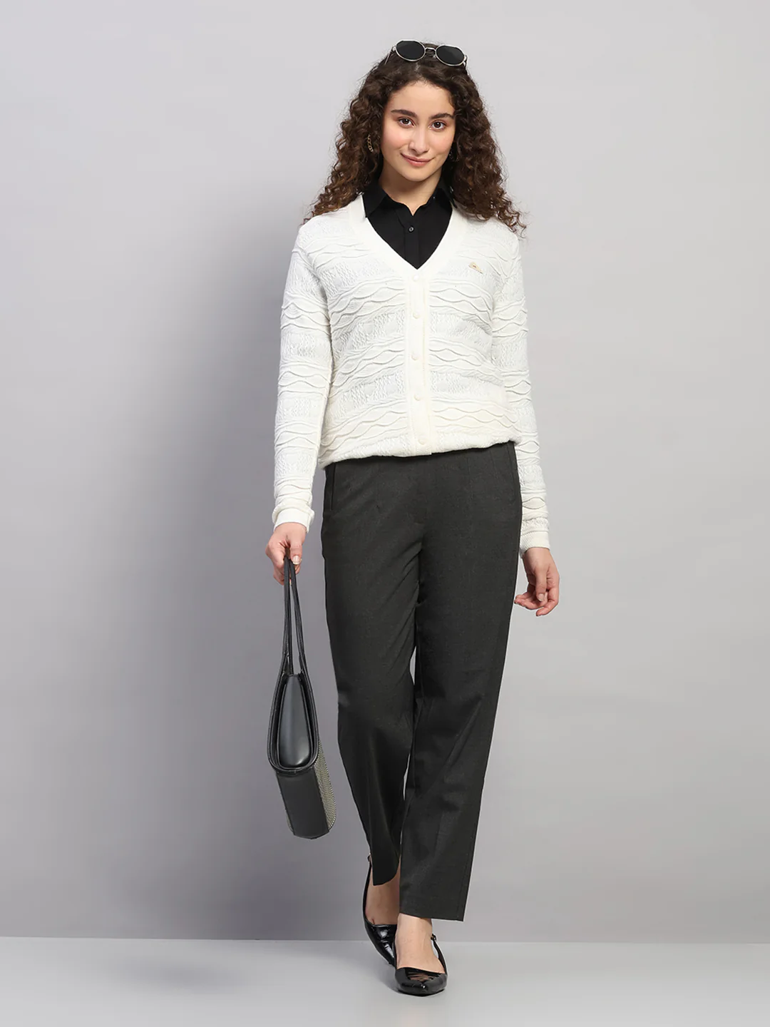 Women White Self Design V Neck Full Sleeve Cardigan - Image 2