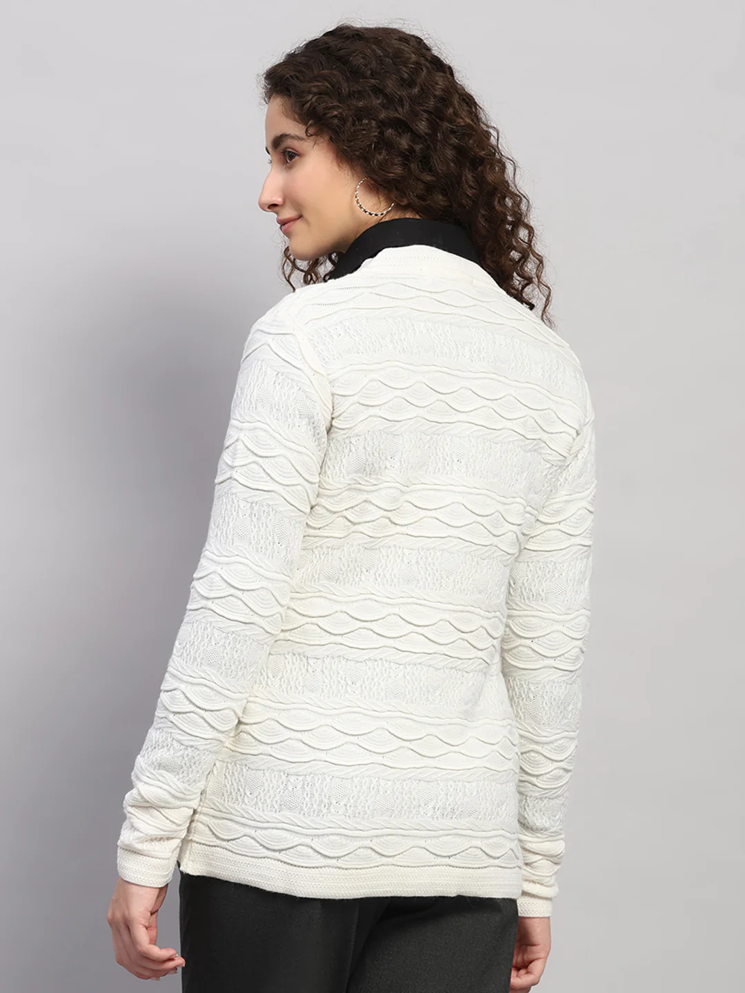 Women White Self Design V Neck Full Sleeve Cardigan - Image 5