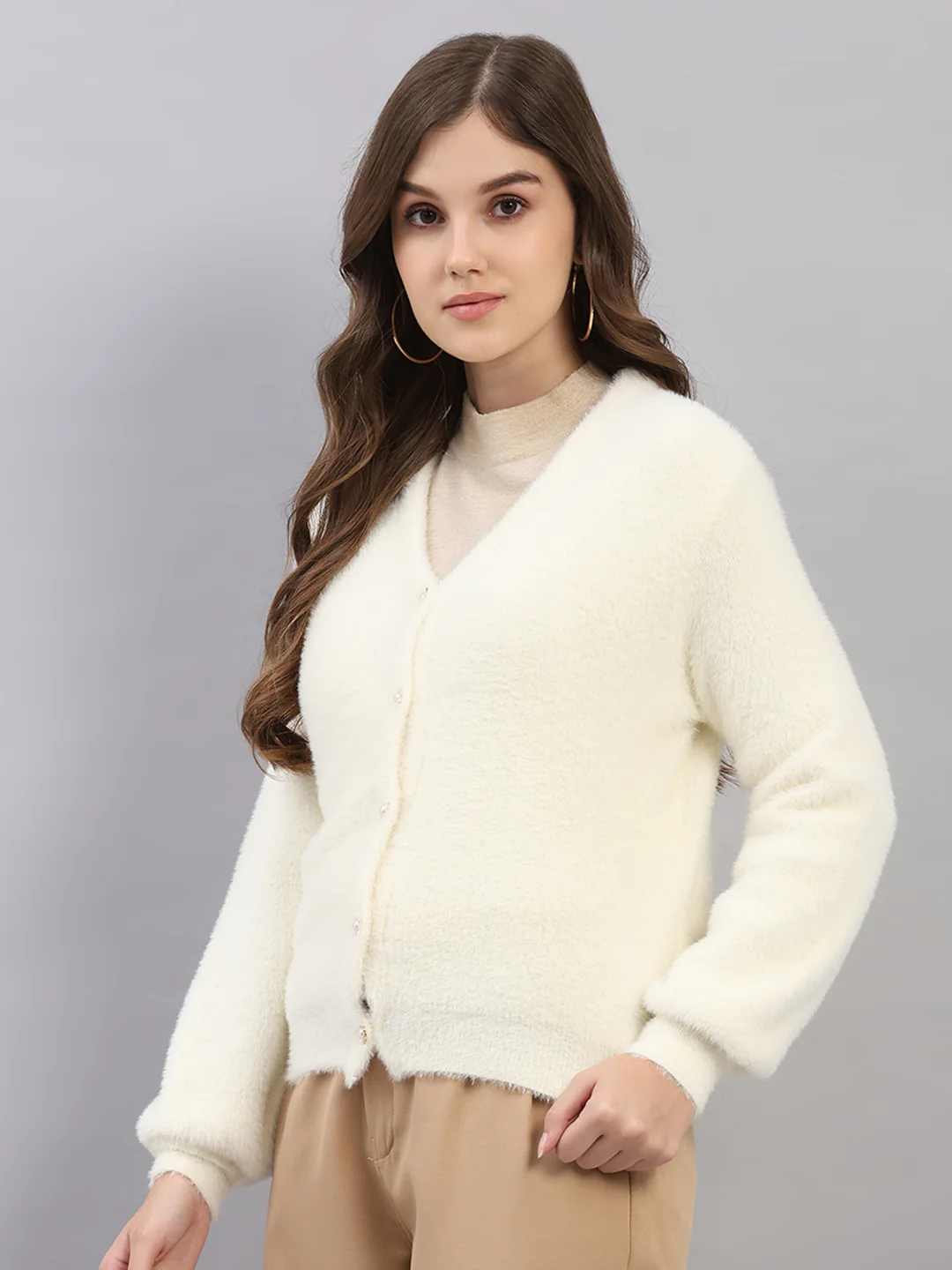 Women White Self Design V Neck Full Sleeve Cardigan - Image 3