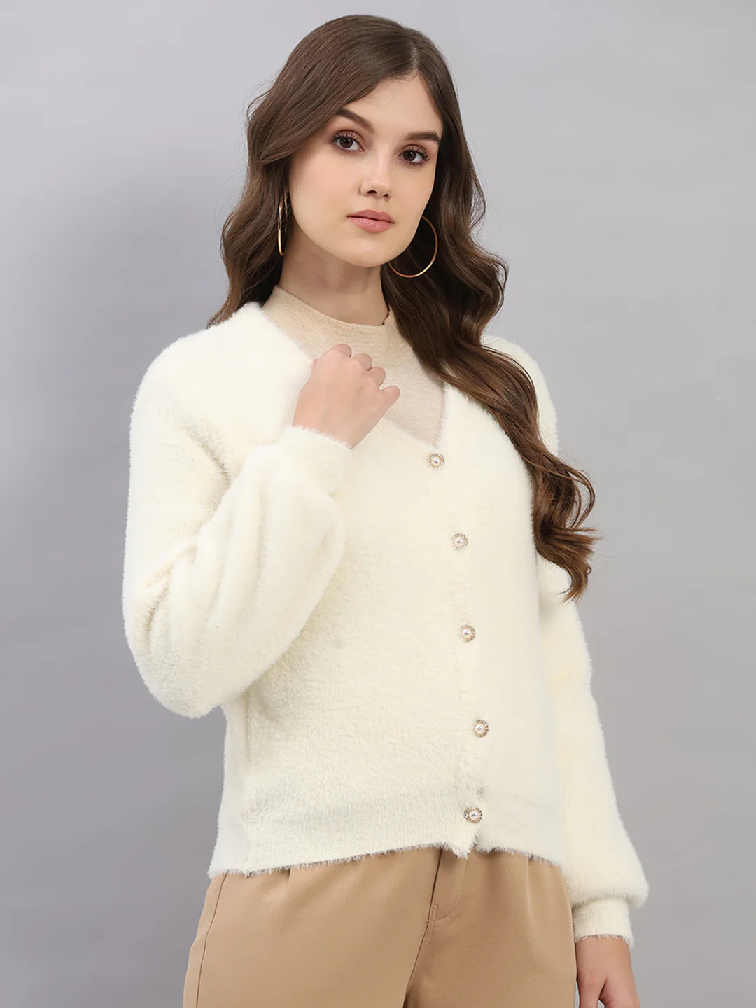 Women White Self Design V Neck Full Sleeve Cardigan - Image 4