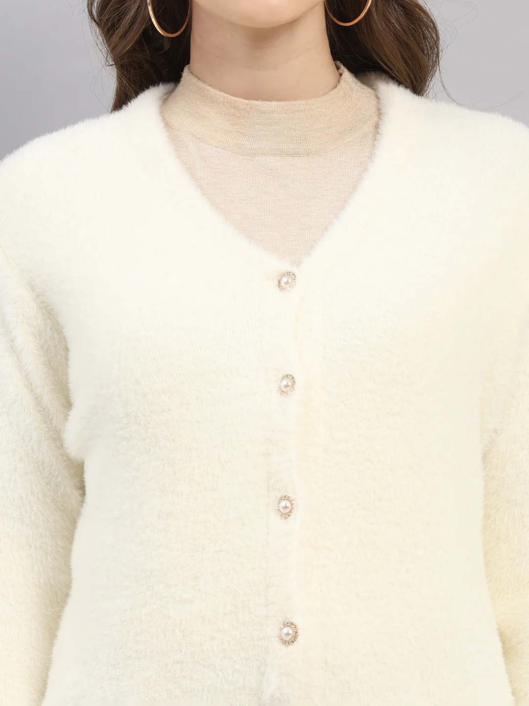 Women White Self Design V Neck Full Sleeve Cardigan - Image 7