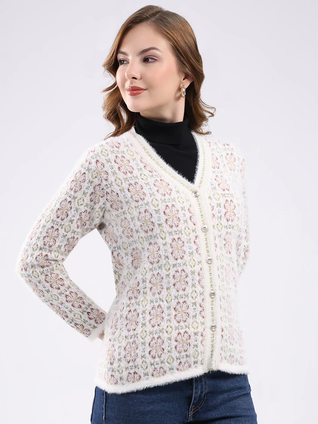 Women White Self Design V Neck Full Sleeve Cardigan - Image 4