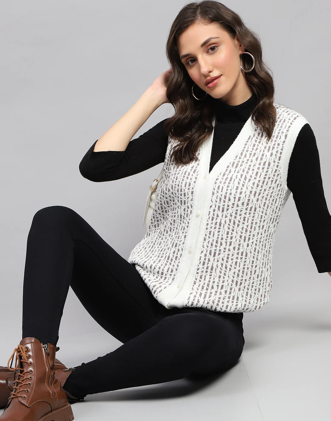 Women White Self Design V Neck Sleeveless Cardigan - Image 2