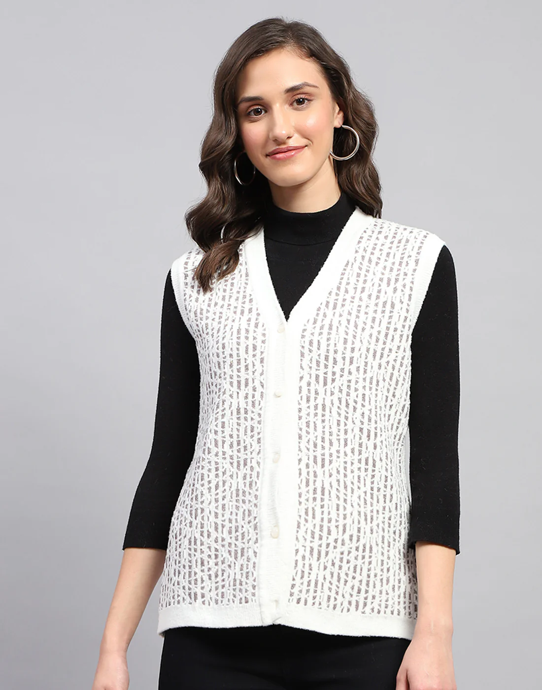 Women White Self Design V Neck Sleeveless Cardigan - Image 3