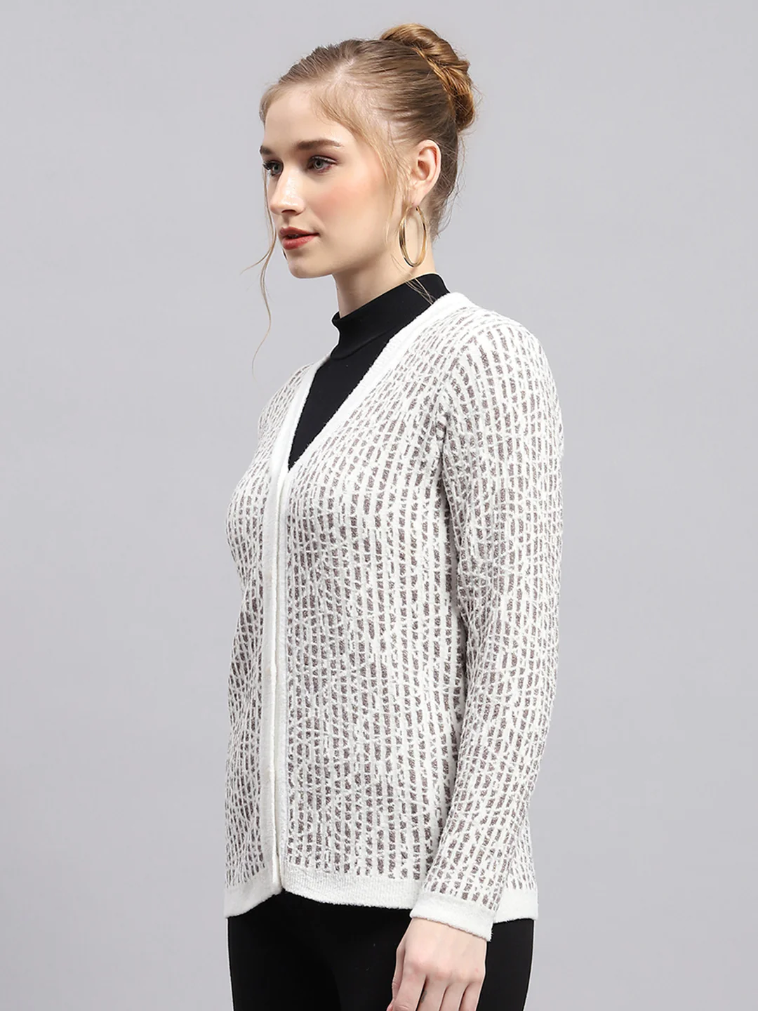 Women White Self Design V Neck Sleeveless Cardigan - Image 2