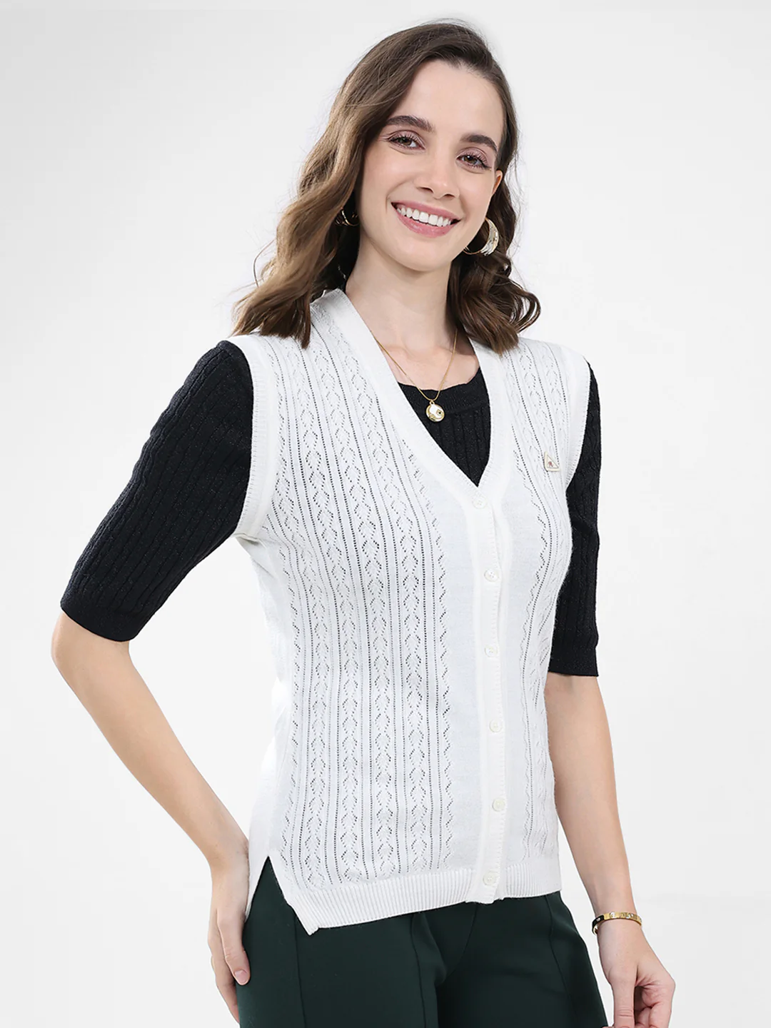 Women White Self Design V Neck Sleeveless Cardigan - Image 4