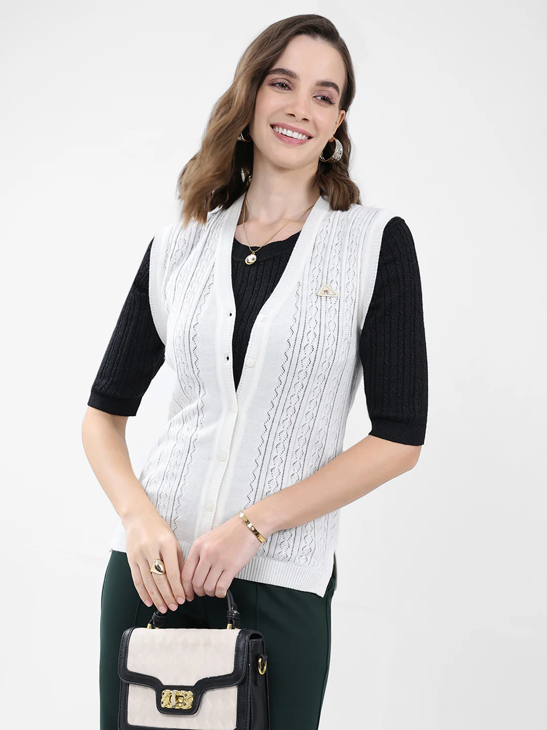 Women White Self Design V Neck Sleeveless Cardigan - Image 6