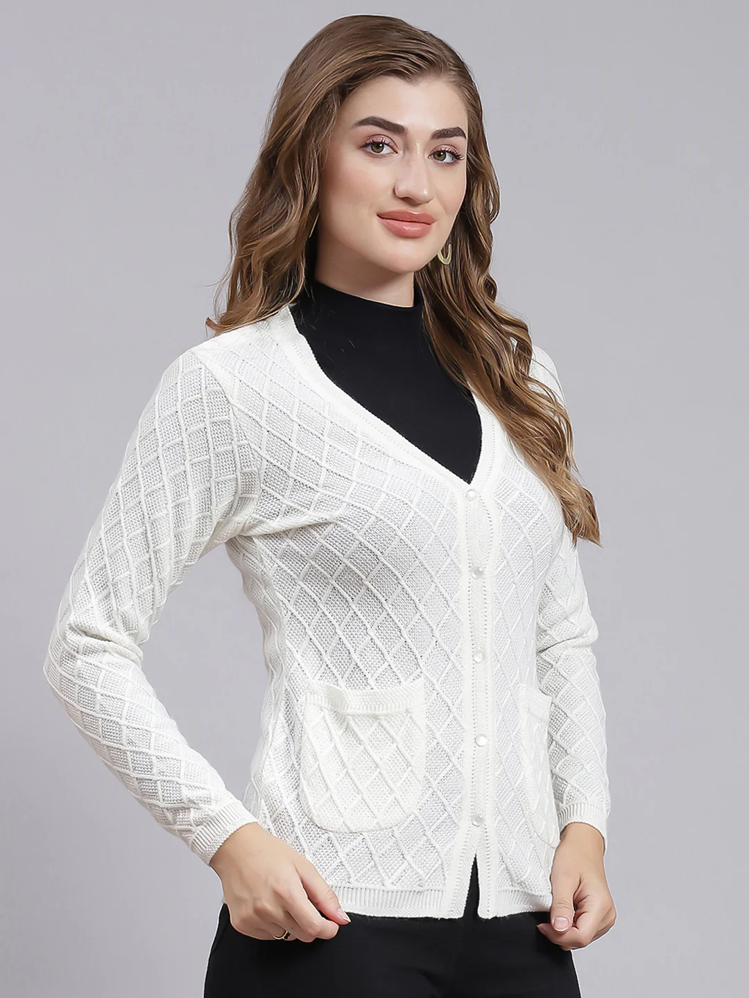 Women White Self Design Wool blend Cardigan - Image 2