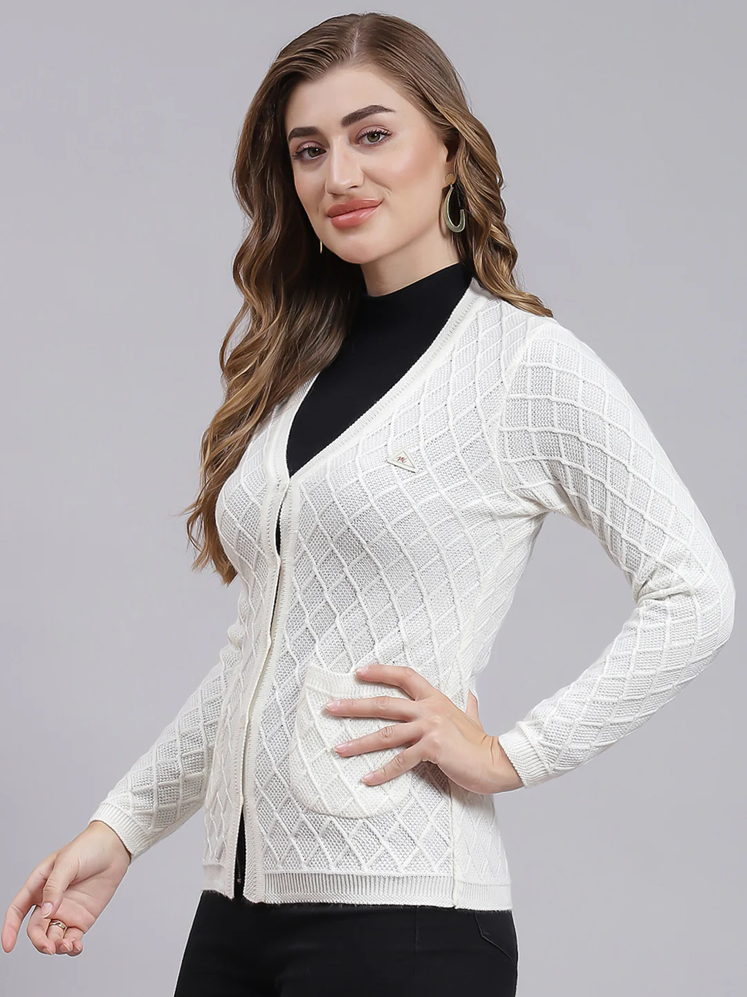 Women White Self Design Wool blend Cardigan - Image 3