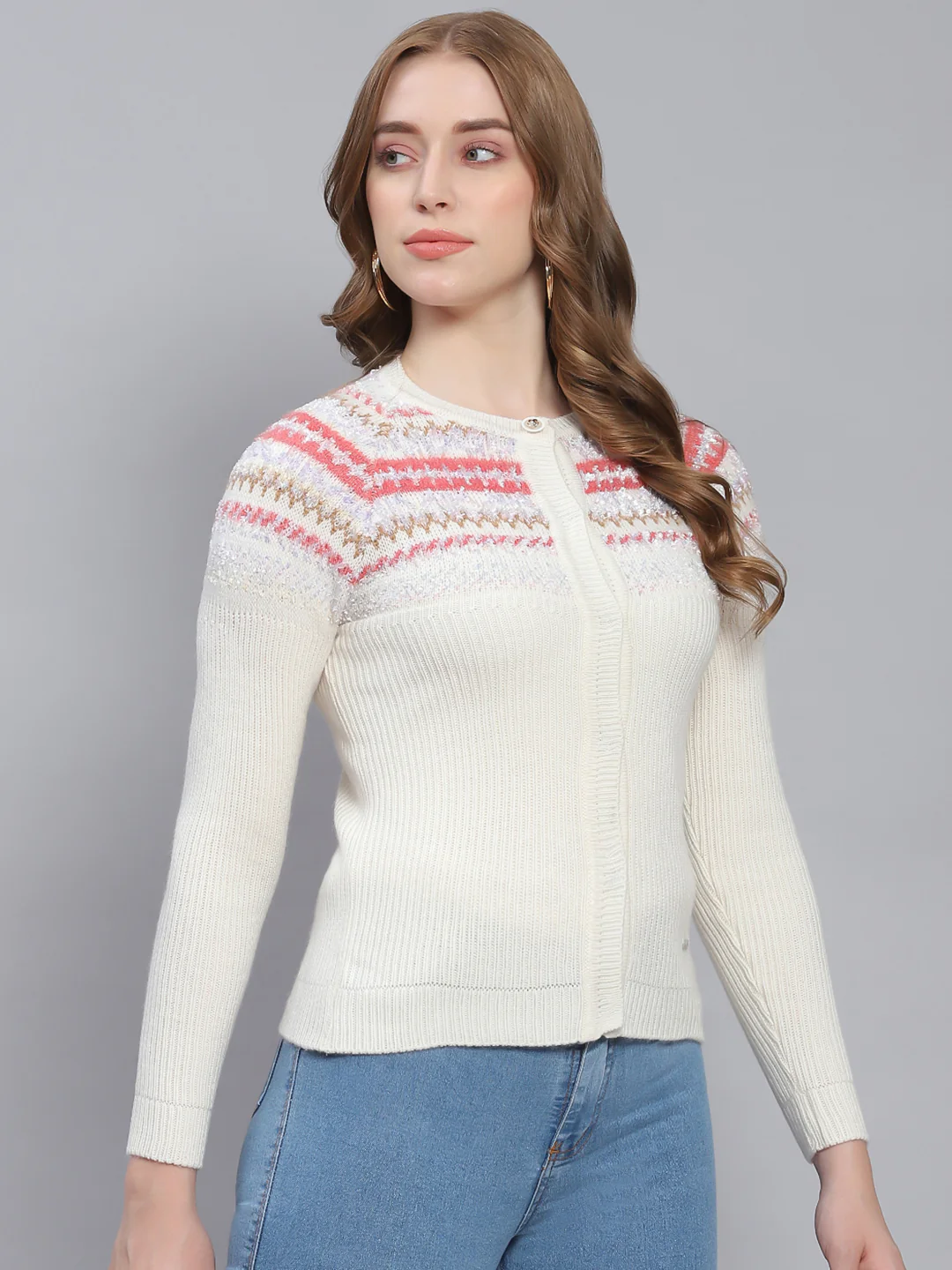 Women White Self Design Round Neck Full Sleeve Cardigans - Image 4