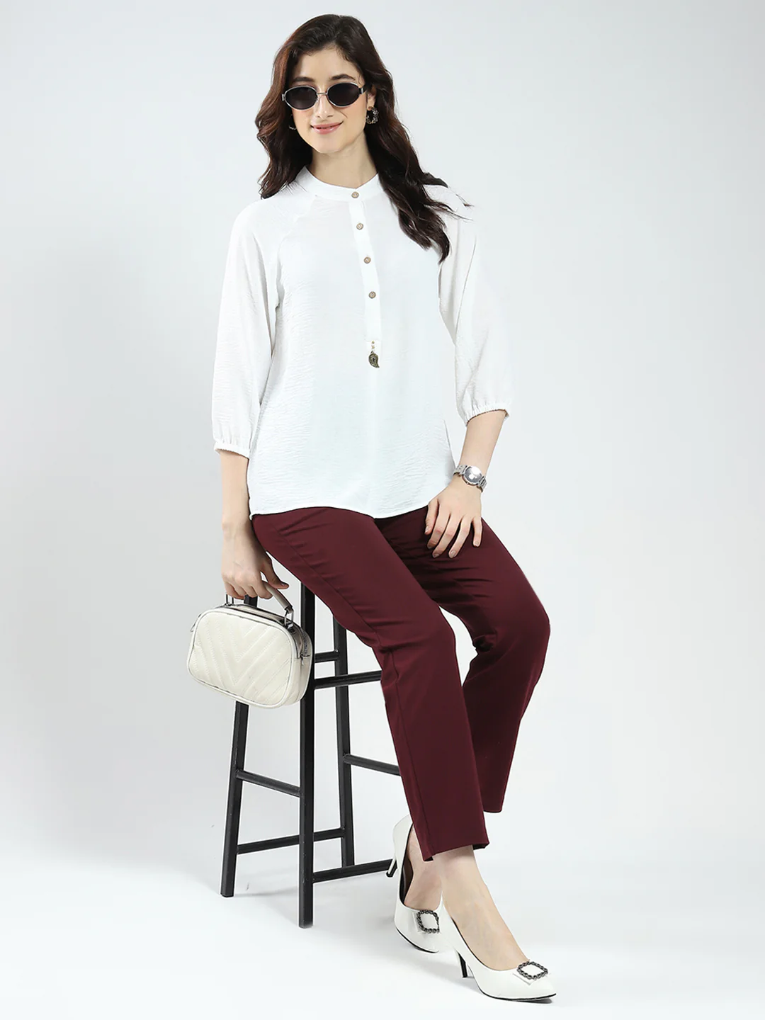 Women White Solid Band Neck 3/4th Sleeve Top - Image 2