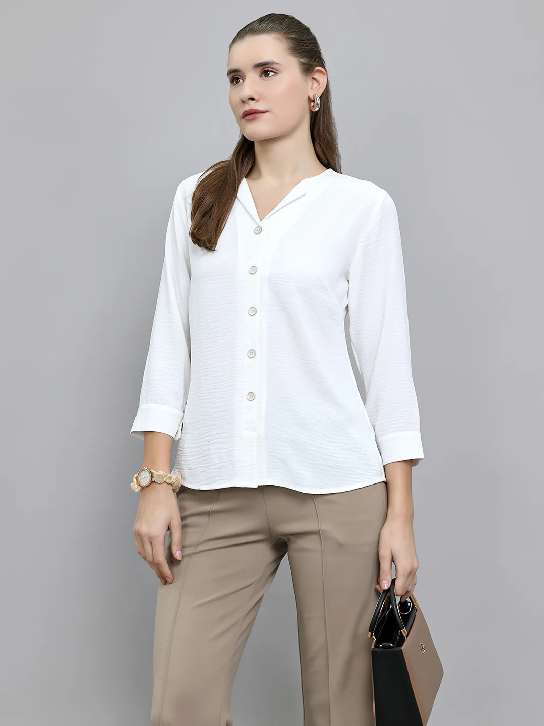 Women White Solid Fashion Neck 3/4th Sleeve Top - Image 5