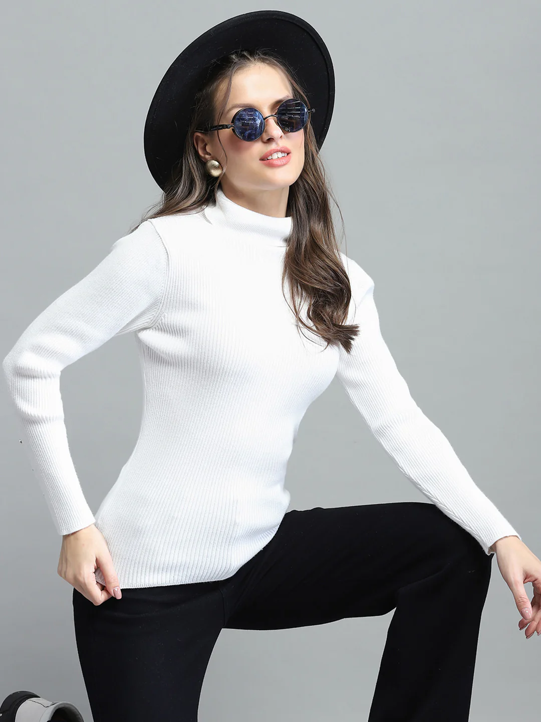 Women White Solid High Neck Full Sleeve Sceavy - Image 6