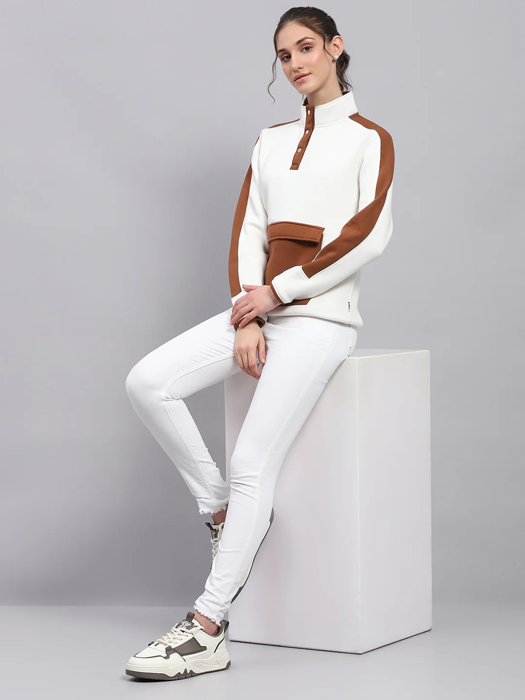 Rock.it Women White Solid Mock Neck Full Sleeve Sweatshirt - Image 2