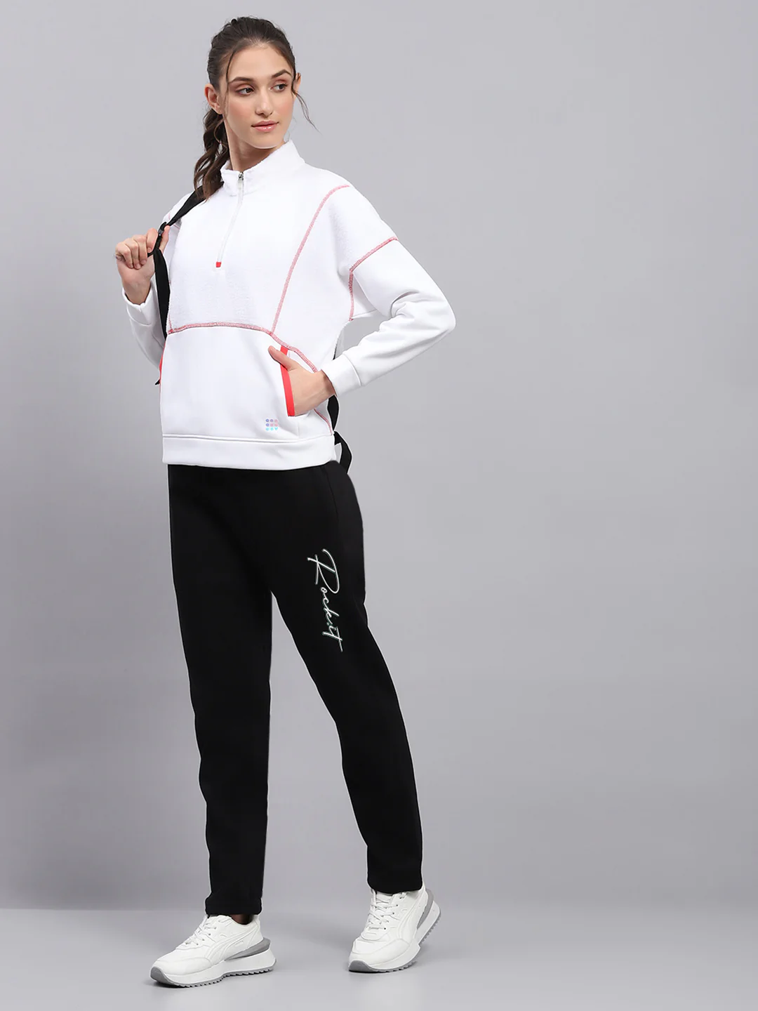 Rock.it Women White Solid Mock Neck Full Sleeve Sweatshirt - Image 2