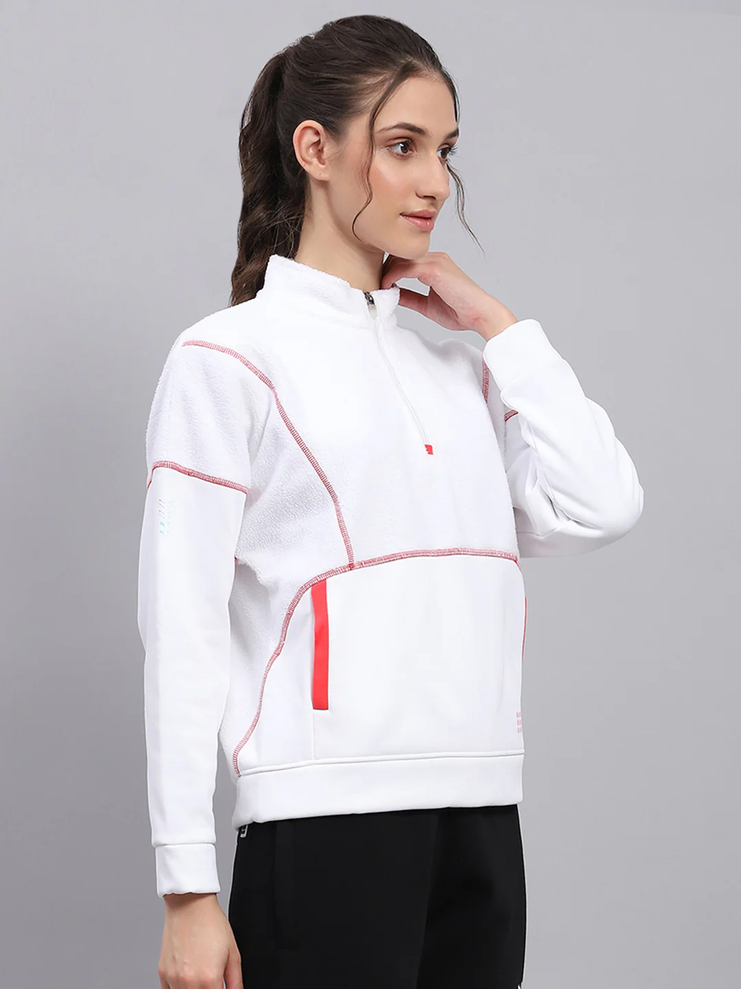 Rock.it Women White Solid Mock Neck Full Sleeve Sweatshirt - Image 4