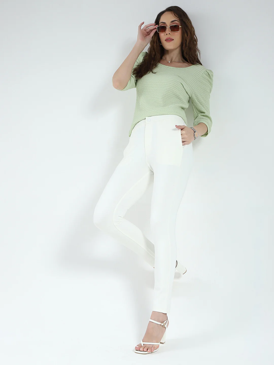 Women White Solid Regular Fit Jegging - Image 6