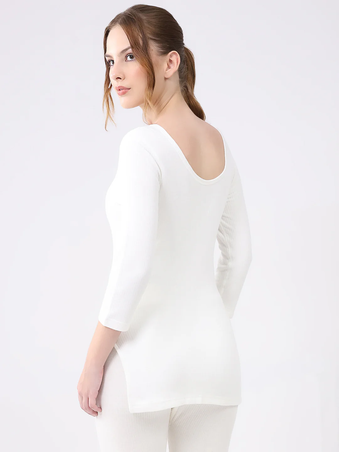 Women White Solid Round Neck 3/4th Sleeve Thermal Vest - Image 5