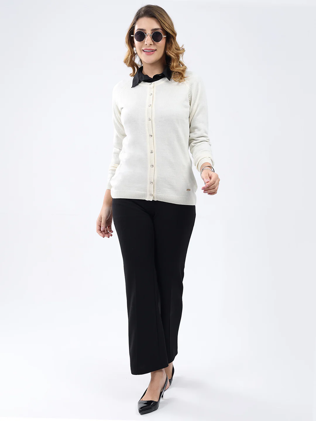 Women White Solid Round Neck Full Sleeve Cardigan - Image 2