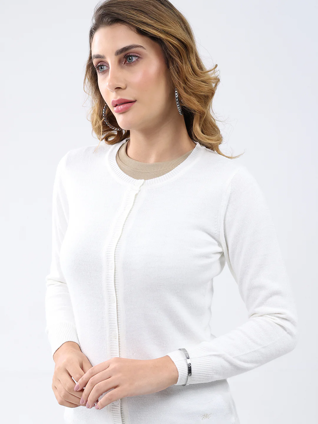 Women White Solid Round Neck Full Sleeve Cardigan - Image 7
