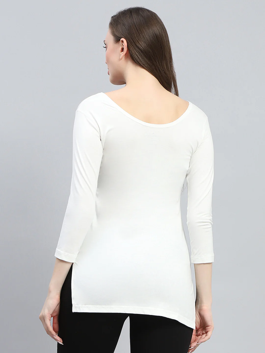 Women White Solid Round Neck 3/4th Sleeve Thermal Vest - Image 5