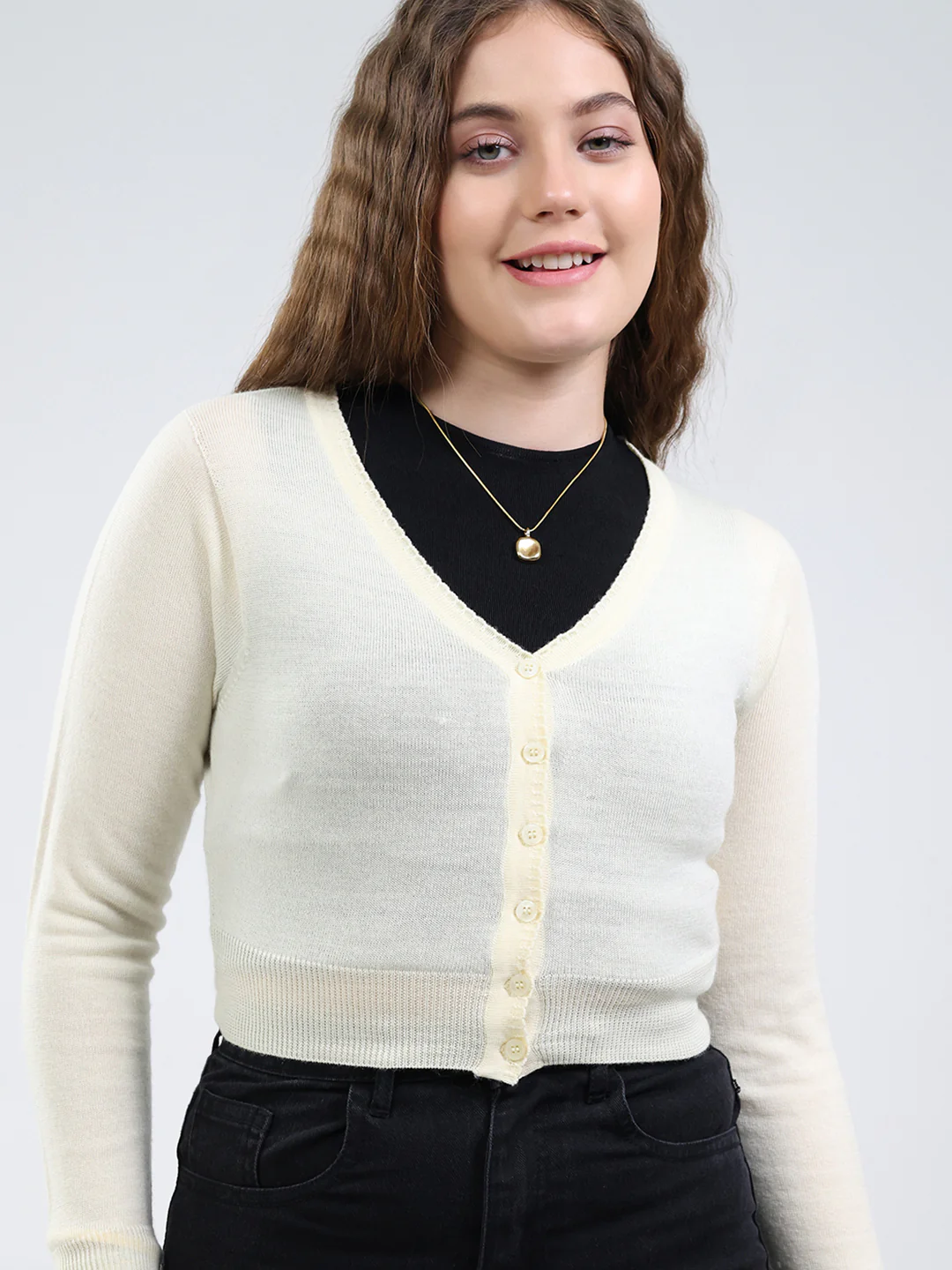 Women White Solid V Neck Full Sleeve Cardigan - Image 7